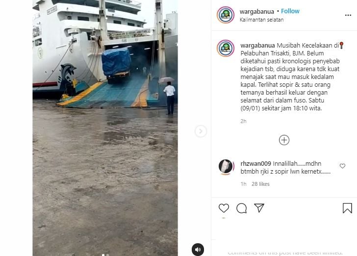 Video detik-detik truk terjun bebas ke air di Pelabuhan Trisakti Banjarmasin. (Instagram/wargabanua)