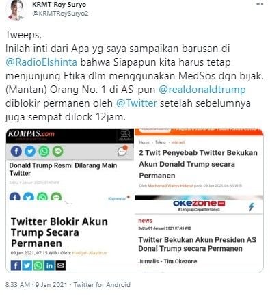 Komentar Roy Suryo soal akun Donald Trump diblokir permanen (Twitter/krmtroysuryo2)