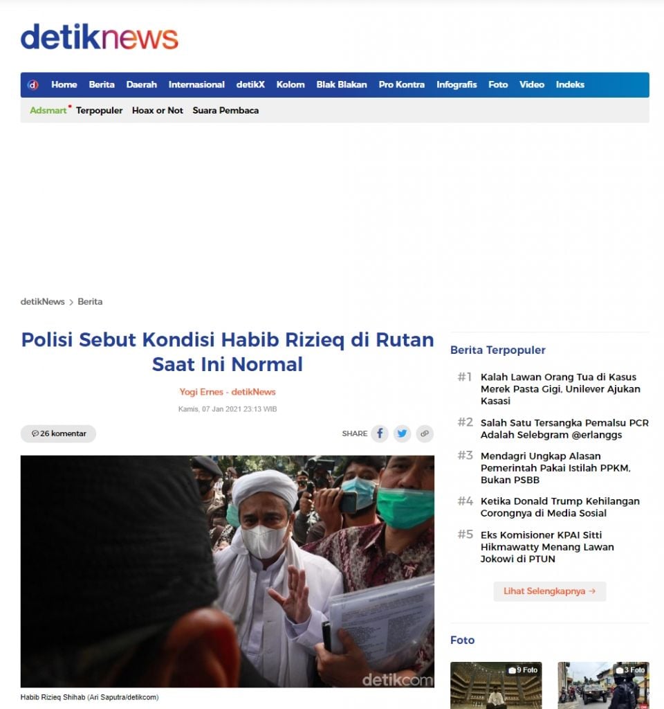 Fakta Rizieq meninggal di penjara karena kena covid-19 Turnbackhoax.id)