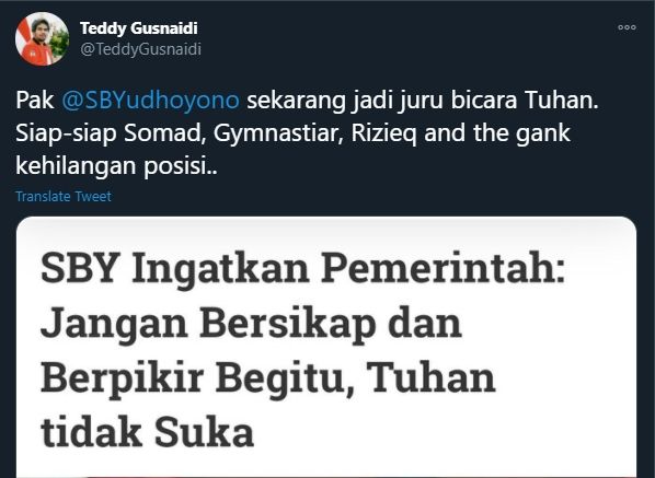 Teddy Gusnaidi PKPI sebut SBY 'Juru Bicara Tuhan' (Twitter/TeddyGusnaidi).