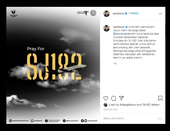 Doa Menparekraf Sandiaga Uno untuk Keluarga Penumpang Sriwijaya Air SJ182. (Instagram/@sandiuno)