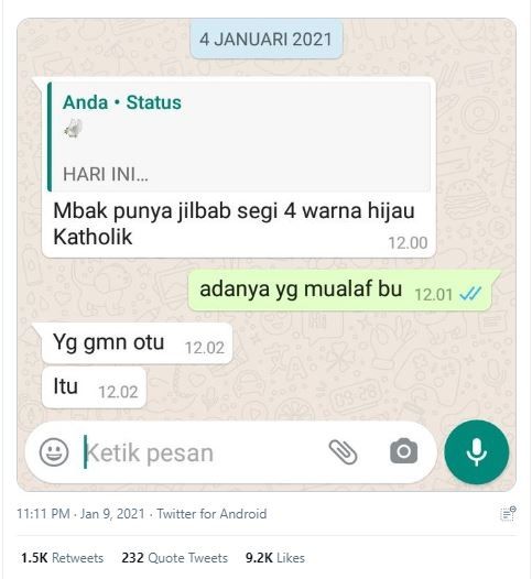 Chat Pembeli dan Penjual Soal Jilbab Hijau Katolik (twitter.com/txtdarionlshop)