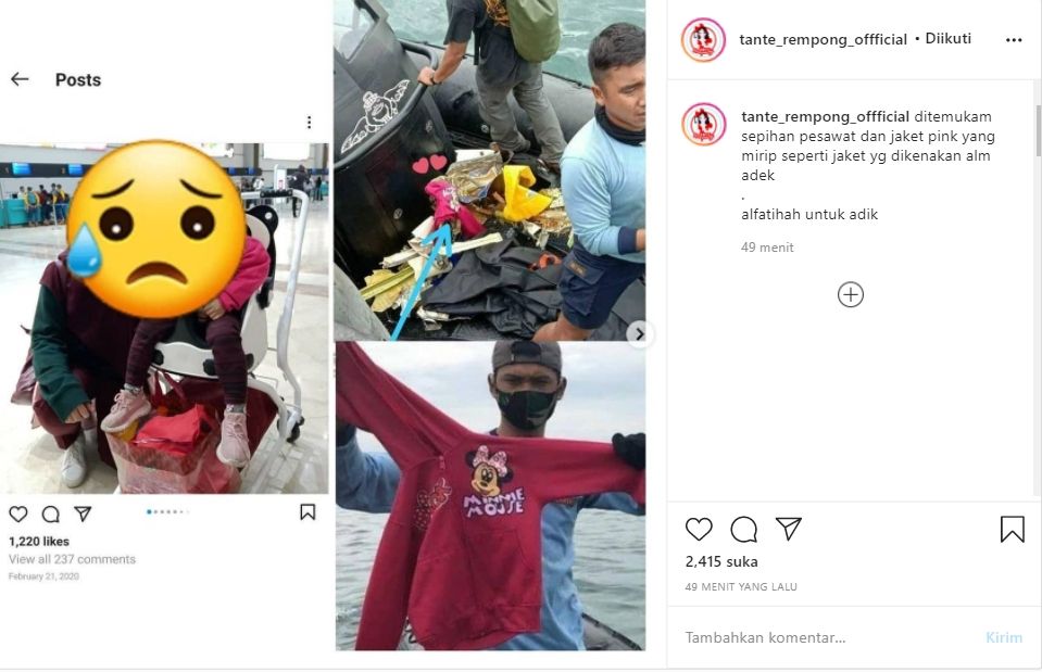 Barang Diduga Milik Penumpang Sriwijaya Air Mulai Ditemukan, Jaket Anak Pink Jadi Sorotan (Instagram/tante_rempong_official).