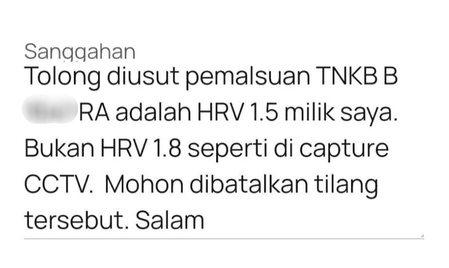 Pemilik mobil HR-V kena tilang karena plat nomornya diduplikat orang lain. (Facebook/Billy Sudiro)