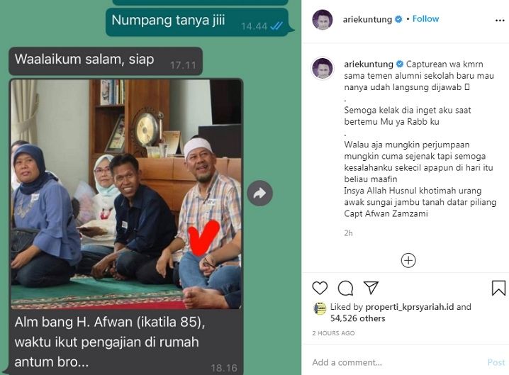 Unggahan Arie Untung soal Kapten Afwan pilot Sriwijaya Air SJ 182 [Instagram]