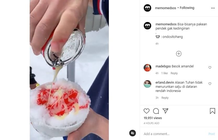 Video pemuda makan es serut di tengah salju. (Instagram/memomedsos)