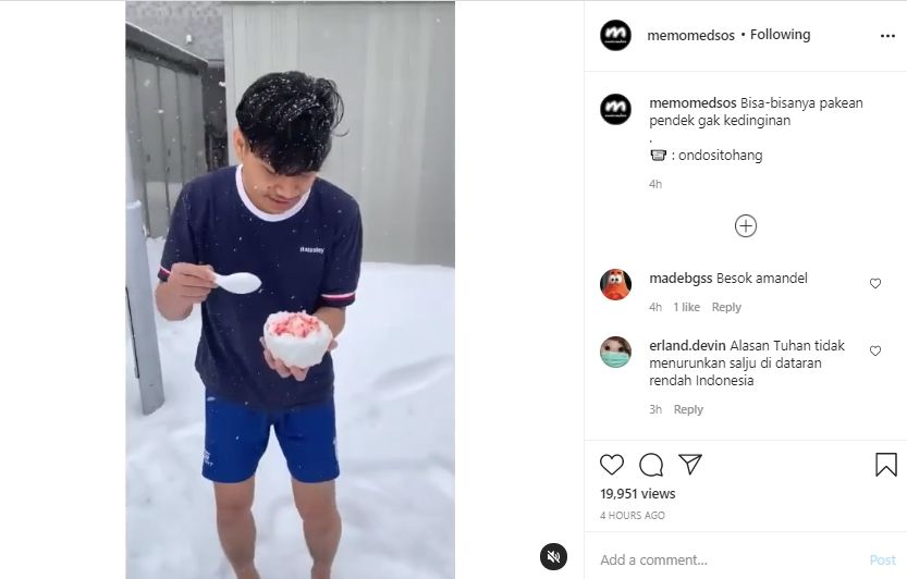 Video pemuda makan es serut di tengah salju. (Instagram/memomedsos)