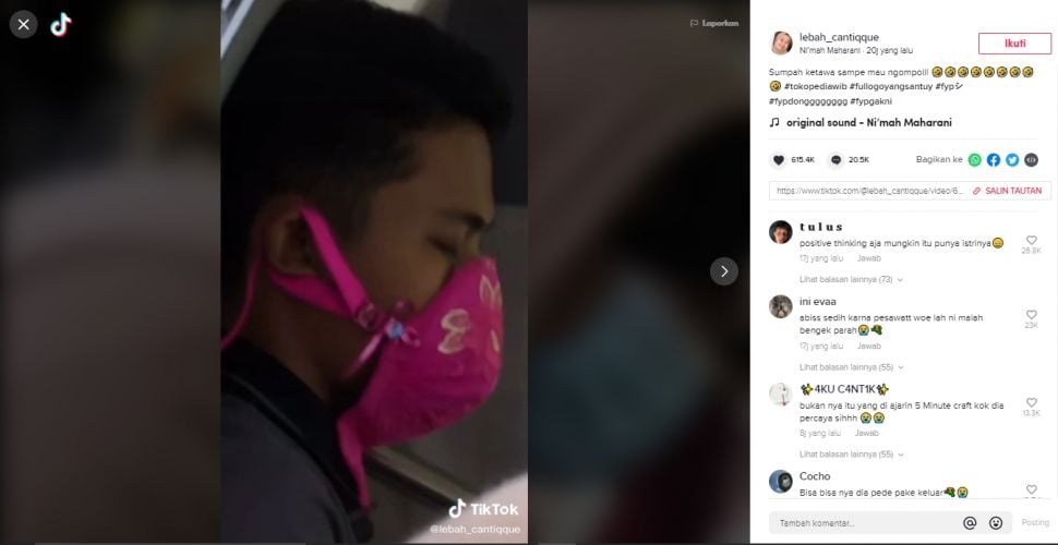 Viral masker berbentuk nyentrik, bikin penumpang kereta salfok (TikTok).