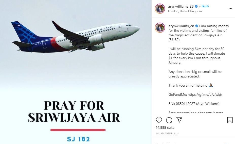 Legiun ssing Persebaya Surabaya, Aryn Williams menggalan dana untuk korban Sriwijaya Air. (Instagram/arynwilliams_28)