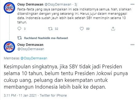 Ossy balas tudingan Teddy PKPI soal SBY (Twitter/ossydermawan)