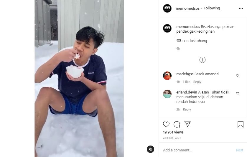 Video pemuda makan es serut di tengah salju. (Instagram/memomedsos)