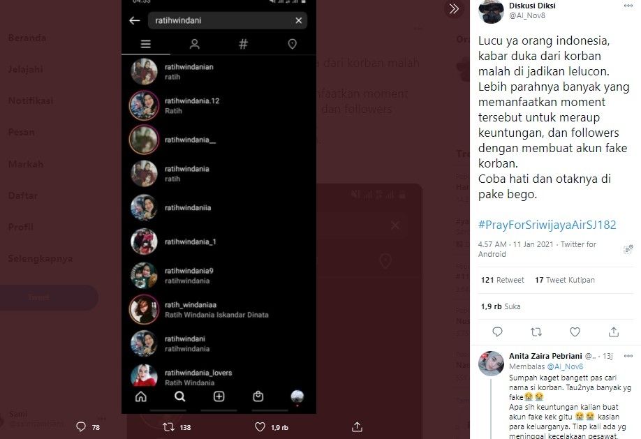 Marak akun palsu mengatasnamakan korban Sriwijaya SJ182 (Twitter/al_novi8)