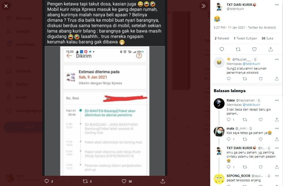 Kurir mau antar paket tapi lupa bawa paketnya (Twitter/txtdrikurir)