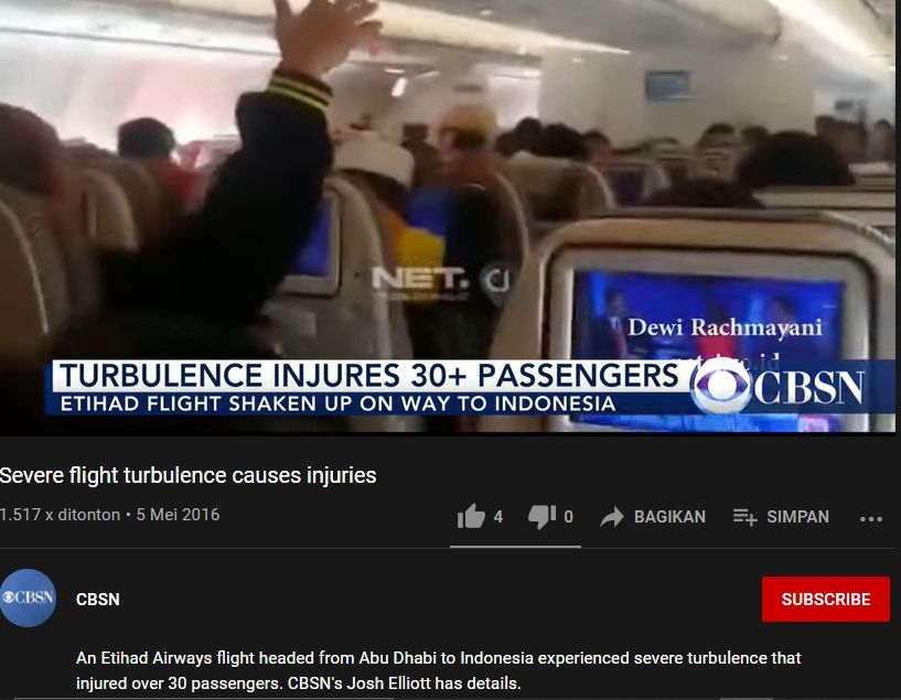 Situasi Pesawat Etihad Airways rute Abu Dhabi-Jakarta yang mengalami turbulensi (YouTube/CBSN).