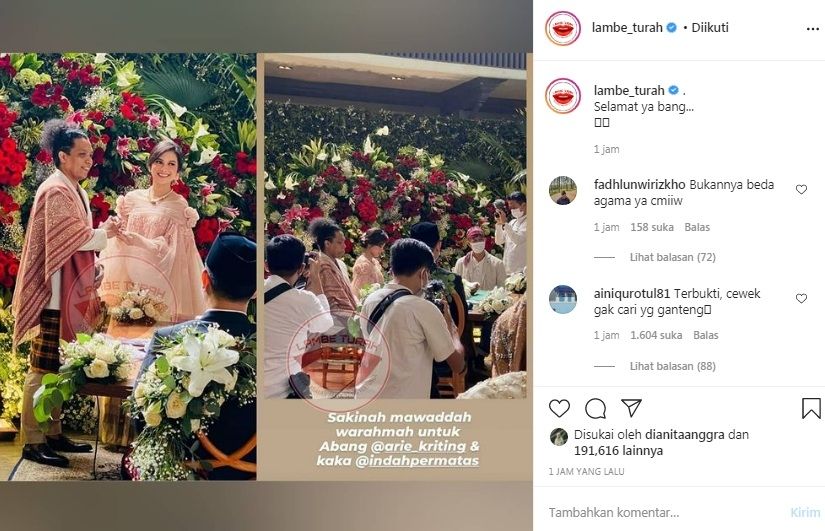 Unggahan Arie Kriting bersama Indah Permatasari [Instagram/@lambe_turah]