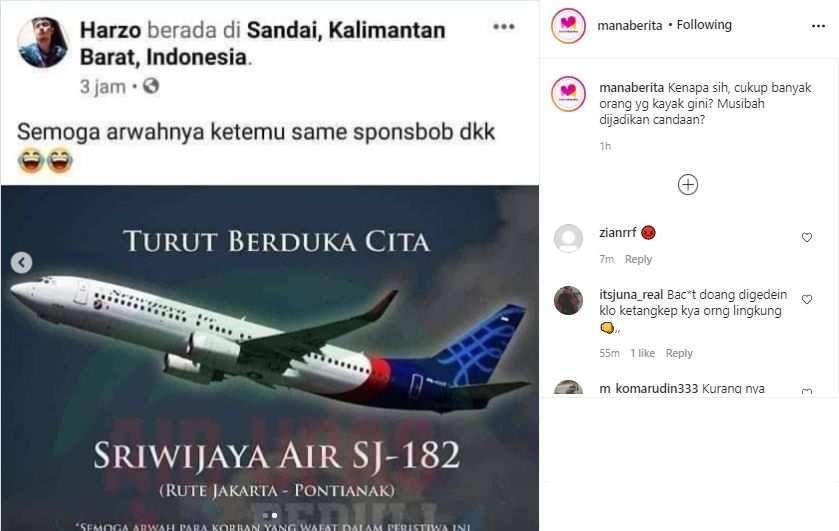 Video pira diciduk polisi gegara buat lelucon soal tragedi Sriwijaya Air. (Instagram/manaberita)