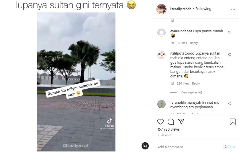 Video curhatan wanita lupa punya rumah baru seharga Rp 1,5 miliar. (Instagram/literally.receh)