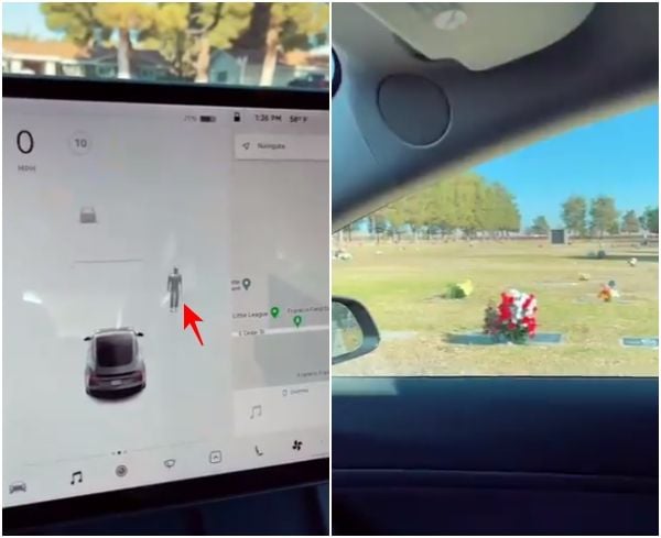 Mobil Tesla mendeteksi ada orang di tengah pemakaman yang sepi. (Twitter/@tesla_master)