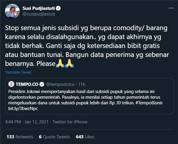 Susi Pudjiastuti memohon Jokowi agar menyetop subsidi berupa barang (Twitter).