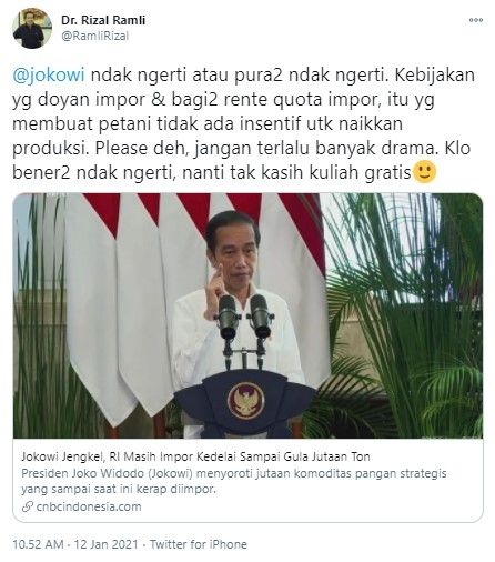 Rizal Ramli sindir Jokowi terlalu banyak drama (Twitter/ramlirizal)