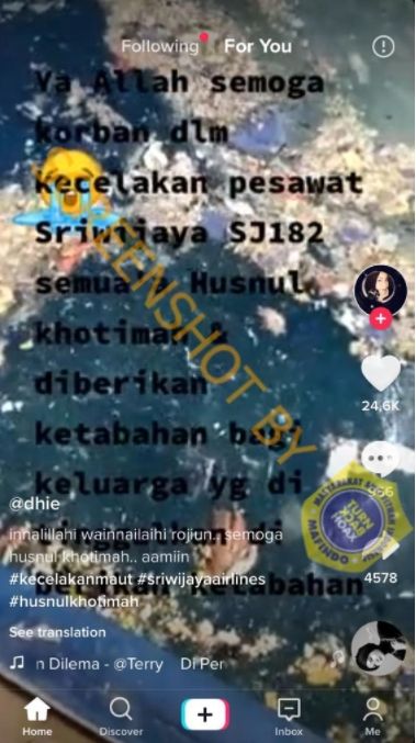 Cek Fakta Video Temuan Barang dan Puing Pesawat Sriwijaya Air SJ-182 Jatuh (Turnbackhoax.id).