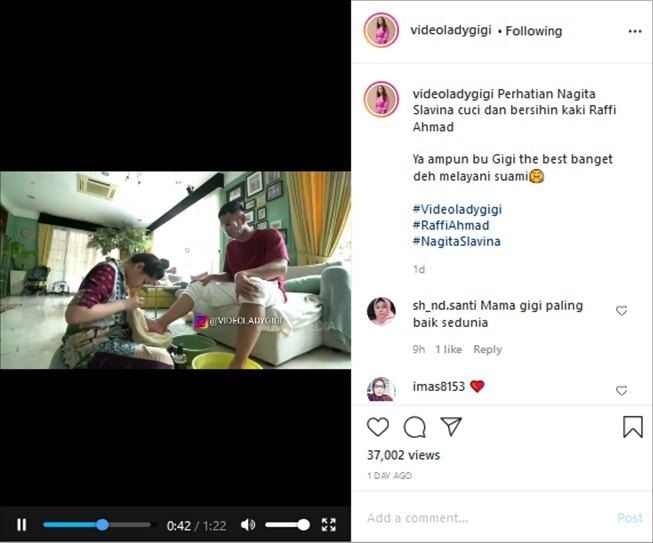 Reaksi warganet soal Nagita Slavina telaten rawat kaki Raffi Ahmad. (Instagram/@videoladygigi)