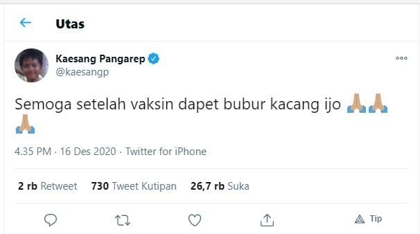 Kaesang berharap dapat bubur kacang hijau usai divaksin (Twitter @kaesangp)