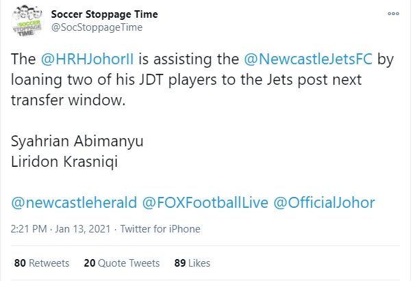 Pemain baru JDT, Syahrian Abimanyu akan dipinjamkan ke Newcastle Jets. (Twitter/@SocStoppageTime)