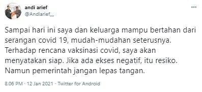 Andi Arief minta pemerintah tak lepas tangan di program vaksin covid-19 (Twitter/andiarief_)