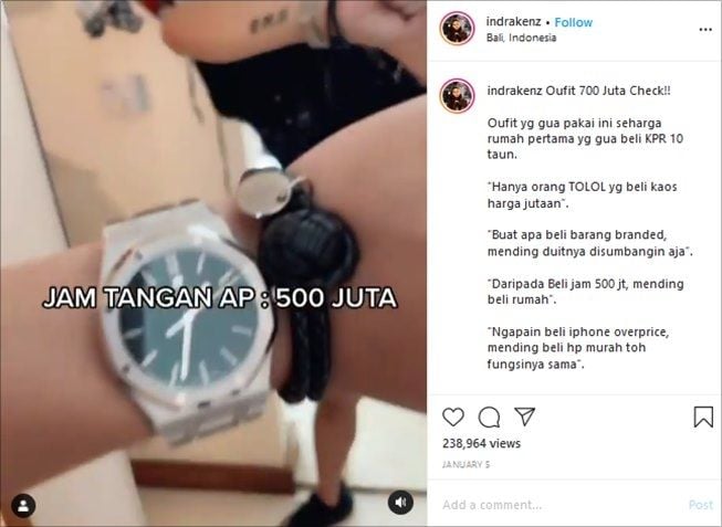 Sebelum viral beli Tesla, pengusaha muda Indra Kesuma pamer OOTD Rp700 juta. (Instagram/@indrakenz)