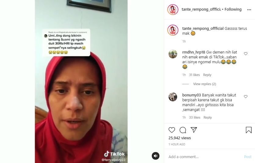 Video emak-emak beri nasihat soal suami selingkuh. (Instagram/tante_rempong_offficial)