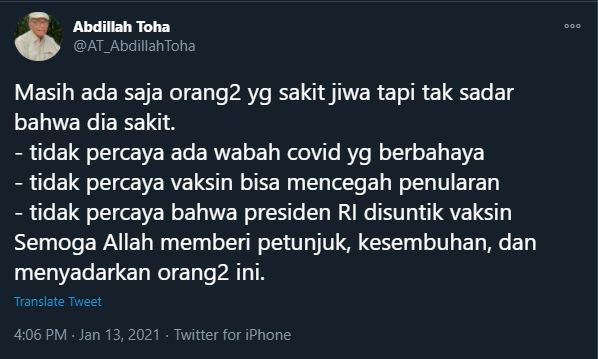 Soal vaksinasi Covid-19, Abdillah Toha urai tipe orang sakit jiwa (Twitter/AT_AbdillahToha).