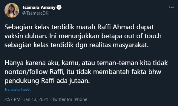 Cuitan Tsamara Amany PSI soal Raffi Ahmad divaksin duluan (Twitter/TsamaraDKI).