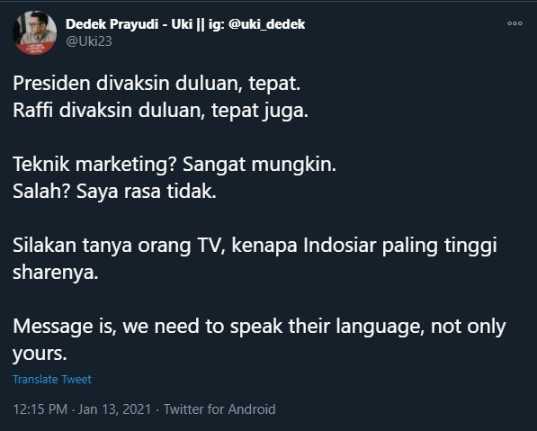 Cuitan Dedek Uki soal vaksinasi Covid-19 ke Raffi Ahmad dan Jokowi (Twtter/Uki23).