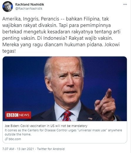 Rachland bandingkan RI dengan Filipina yang tak wajibkan vaksin Covid-19 (Twitter/rachlannashidik)