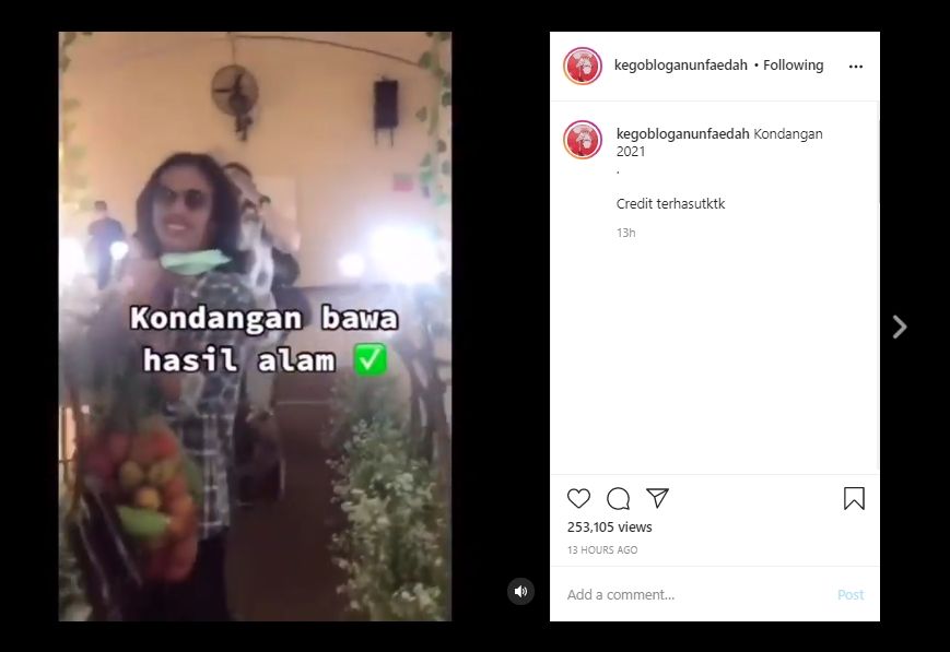 Viral! Kelewat Heboh, Pria Ini Bawa Kado Hasil Alam ke Pernikahan Teman. (Instagram/@kegblgnunfaedah)