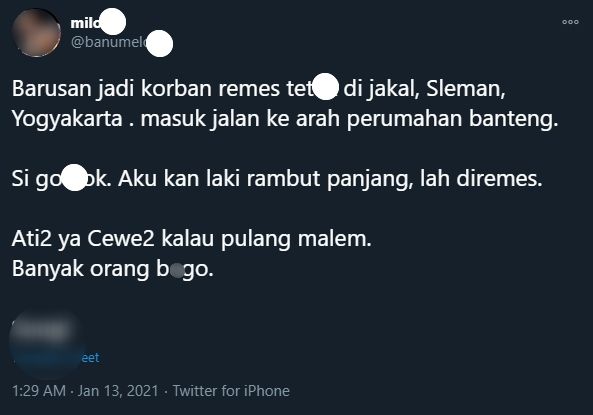 Curhatan pemotor yang jadi korban begal payudara. (Twitter)