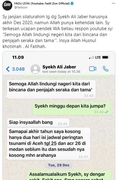 Fadli Zon ungkap pesan terakhir dari Syekh Ali Jaber (Twitter/fadlizon)