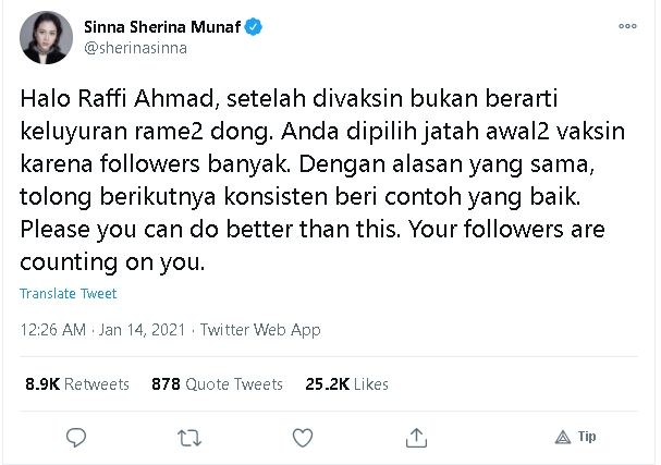 Cuitan Sherina berisi protes terhadap Raffi Ahmad yang keluyuran usai divaksin (Twitter)