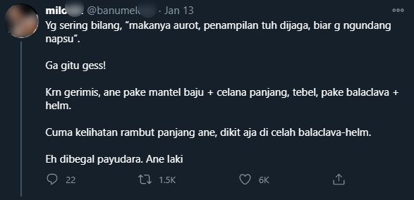 Curhatan pemotor yang jadi korban begal payudara. (Twitter)