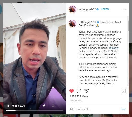 Raffi Ahmad minta maaf (Instagram @raffinagita1717)