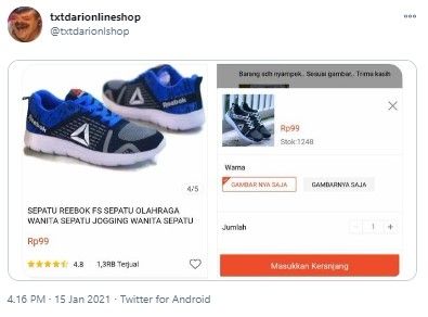 Sepatu branded harga RP 99 bikin emosi (Twitter/txtdarionlshop)