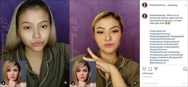 Wanita makeup jadi Nikita Mirzani, hasilnya malah dibilang mirip Aurel. (Instagram/@nhasevianderson_)