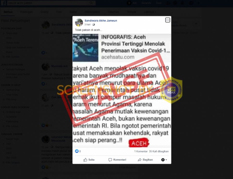 Fakta rakyat Aceh tolak divaksin Covid-19 karena ulama bilang haram (Turnbackhoax.id)