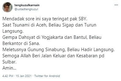 Tengku Zul teringat SBY saat bencana melanda banyak wilayah (Twitter/ustadtengkuzul)