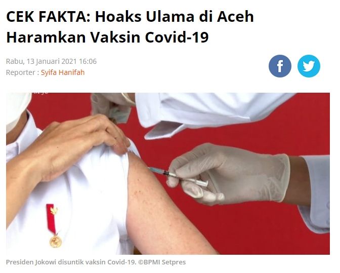 Fakta rakyat Aceh tolak divaksin Covid-19 karena ulama bilang haram (Turnbackhoax.id)