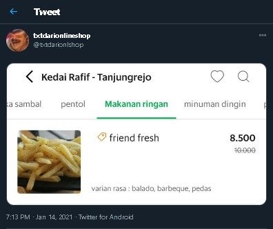 Penjual kentang goreng salah tulis. (Twitter/@txtdarionlshop)