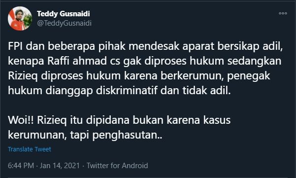 Cuitan Teddy Gusnaidi menanggapi desakan Tim Habib Rizieq yang meminta kerumunan Raffi Ahmad diproses (Twitter/TeddyGusnaidi).