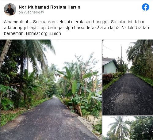 Suasana jalan yang sebelumnya dipasangi 11 polisi tidur (Facebook)