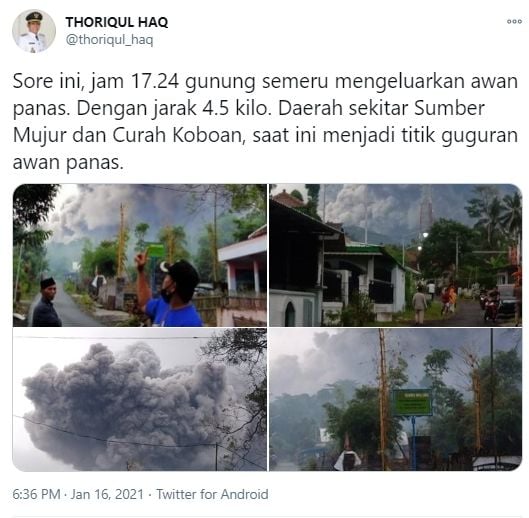 Unggahan Bupati Lumajang Thoriqul Haq soal muntahan awan panas Gunung Semeru. (Twitter/thoriqul_haq)